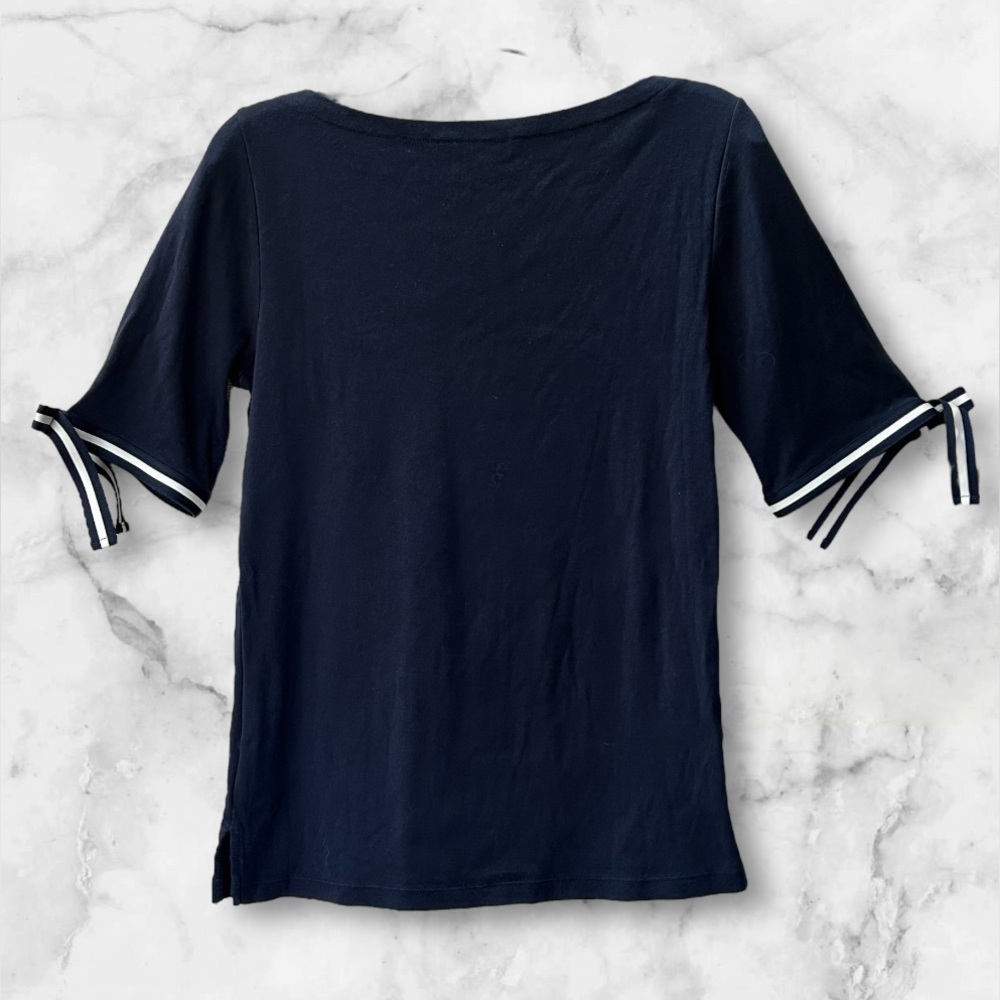 Lauren Ralph Lauren Navy Blue Top White Ribbon Tie Accents Short Sleeve Size L - Picture 9 of 14